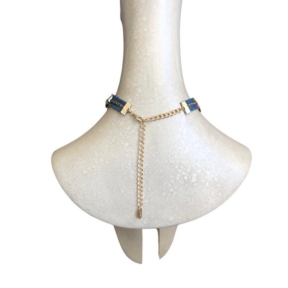 ettika NWOT Denim And Gold Plated Brass Disc Chain Lobster Clasp Choker Necklace - Picture 6 of 7